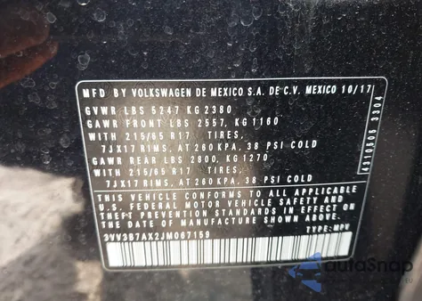 2018 Volkswagen Tiguan 2.0T Se/2.0T Sel z USA, uszkodzony, nr VIN 3VV3B7AX2JM067159